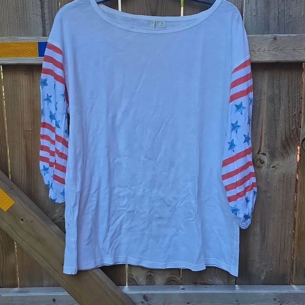 White Top with Red and Blue Star Striped Sleeves